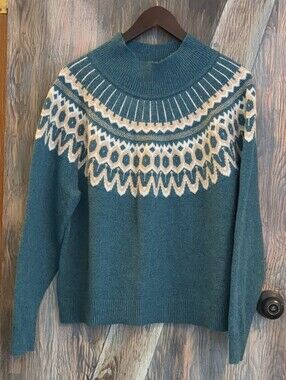 LOFT Teal Blue Fair Isle Nordic Mock Neck Knit Sweater
